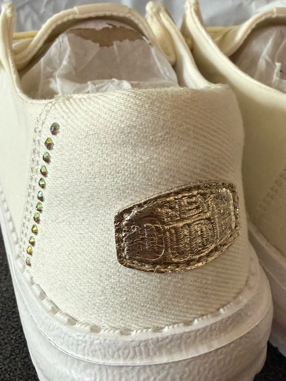 Hey Dude Cream Slip-On Canvas Shoe with Gold Stud Accents